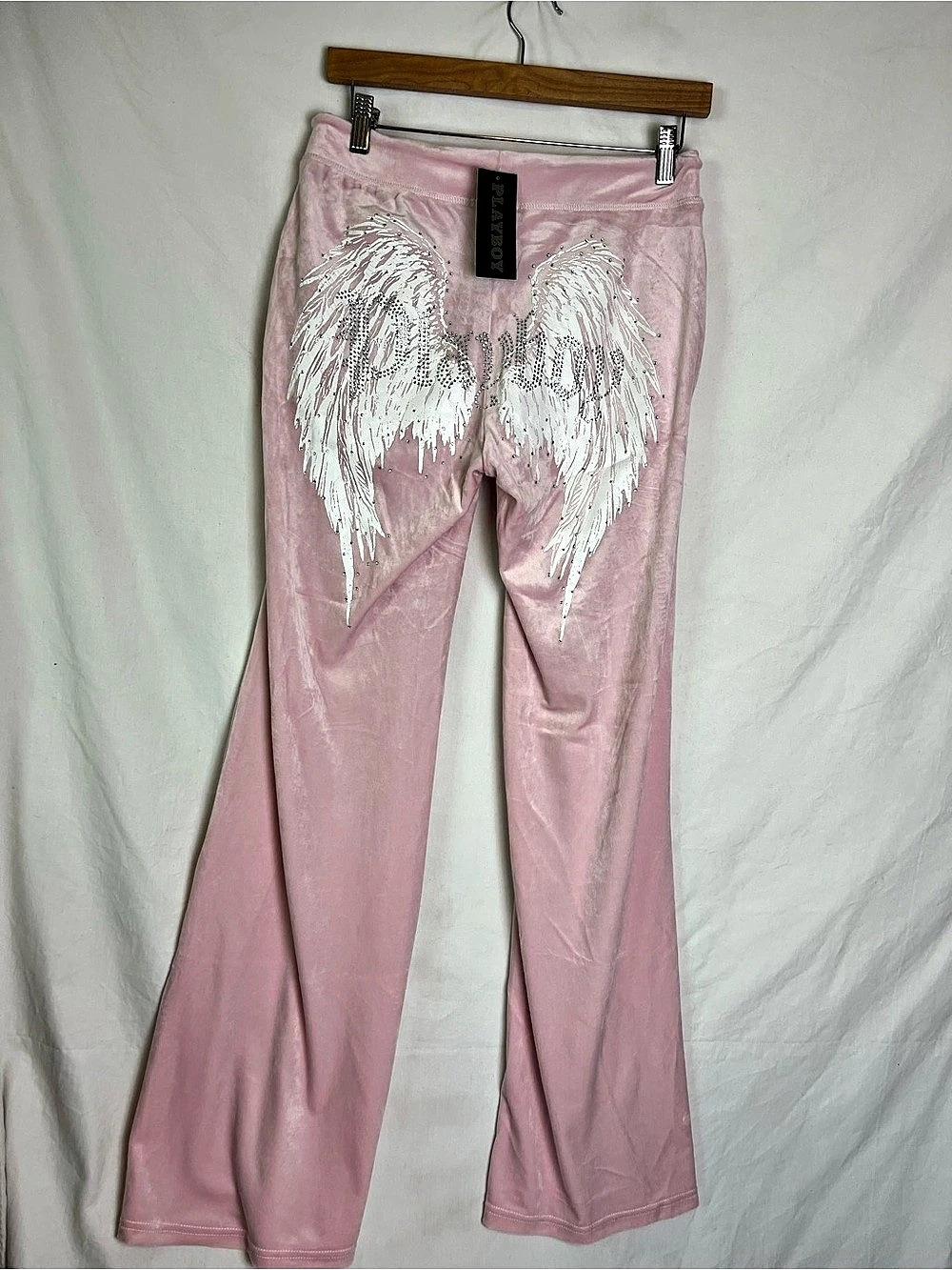 NWT Playboy Pink Velour Angel Wing Flare Pants Y2K Rhinestone